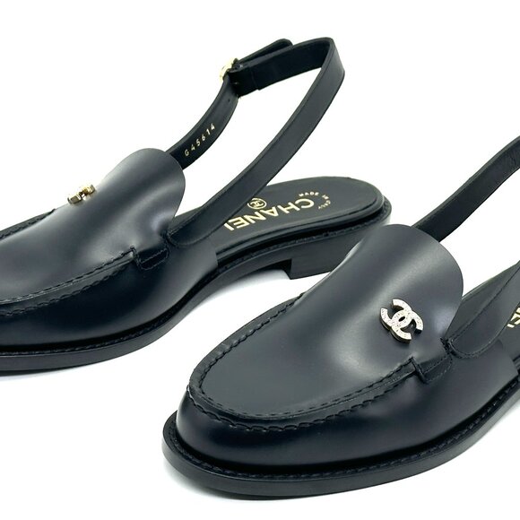 CHANEL REV Crystal CC Logo Leather Slingback Flat Loafers Shoes Sandals - Picture 12 of 16